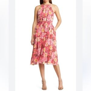 Vince Camuto Halter Neck Floral Midi Dress